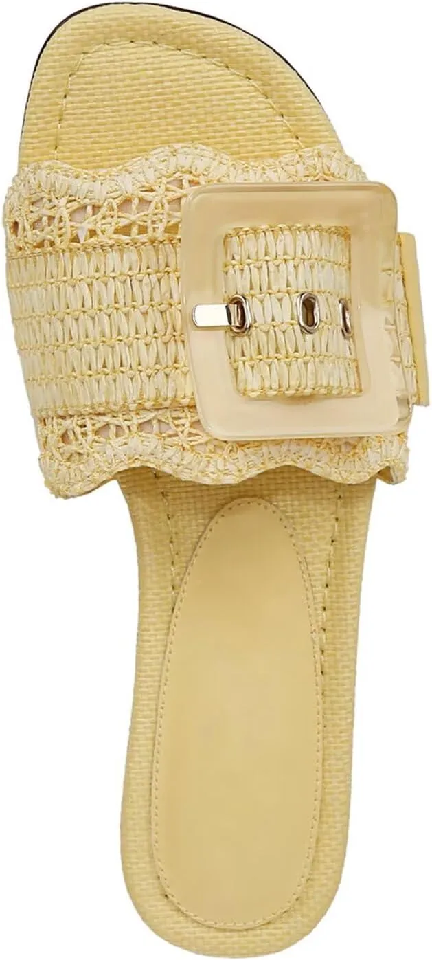 Agodor Raffia Flat Sandals For Women,Open Toe Beach Slide Sandals For Women Slingback Slip On Buckle Straw Woven Flats