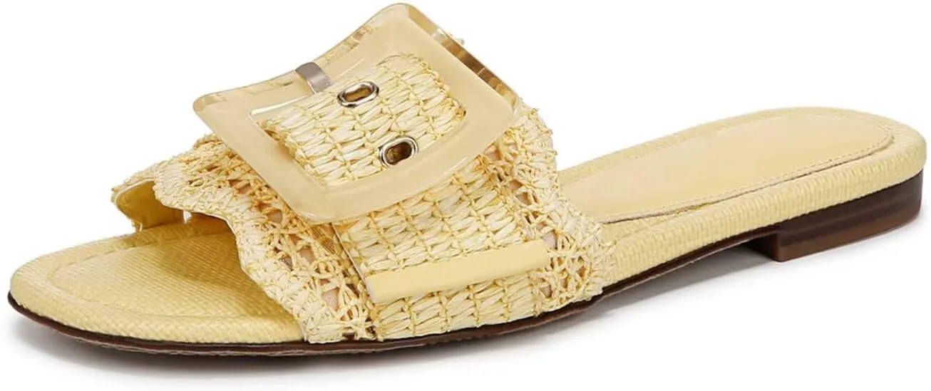Agodor Raffia Flat Sandals For Women,Open Toe Beach Slide Sandals For Women Slingback Slip On Buckle Straw Woven Flats