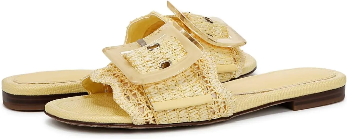 Agodor Raffia Flat Sandals For Women,Open Toe Beach Slide Sandals For Women Slingback Slip On Buckle Straw Woven Flats