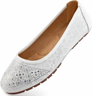 Ballet Flats for Women Dressy : Comfortable Dress Rhinestone Lace Wedding Flat for 2025 - Ladies Slip On Walking Office Shoes