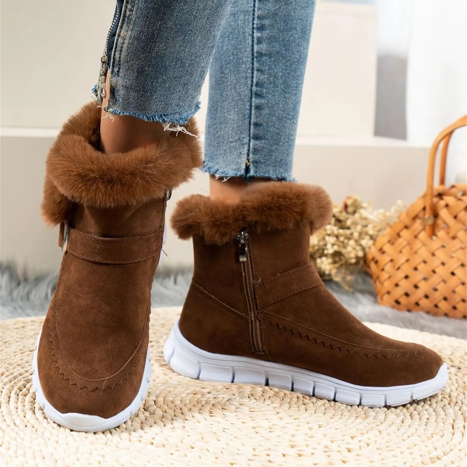 Boots For Women Ankle Booties With Fur Lined Warm Snow Winter Boots Casual Fashion Comfortable Slip On Loafers Shoes