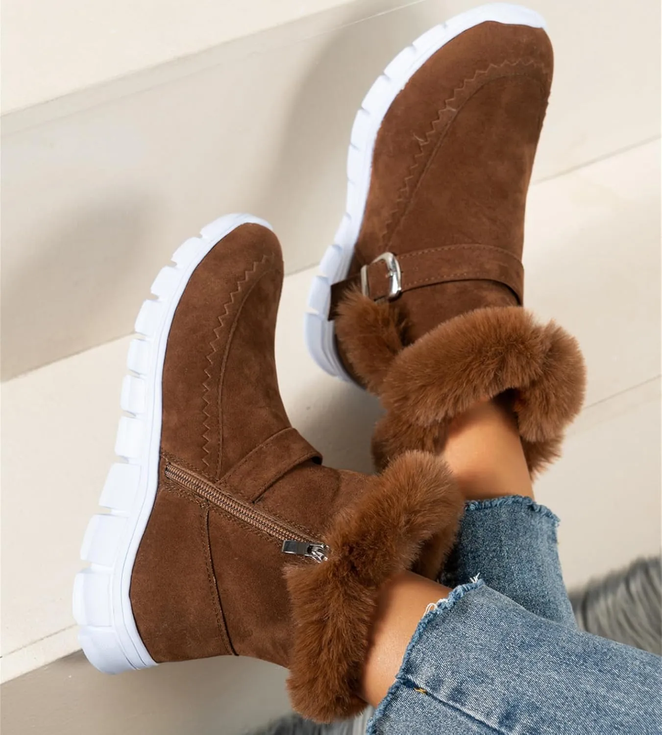 Boots For Women Ankle Booties With Fur Lined Warm Snow Winter Boots Casual Fashion Comfortable Slip On Loafers Shoes