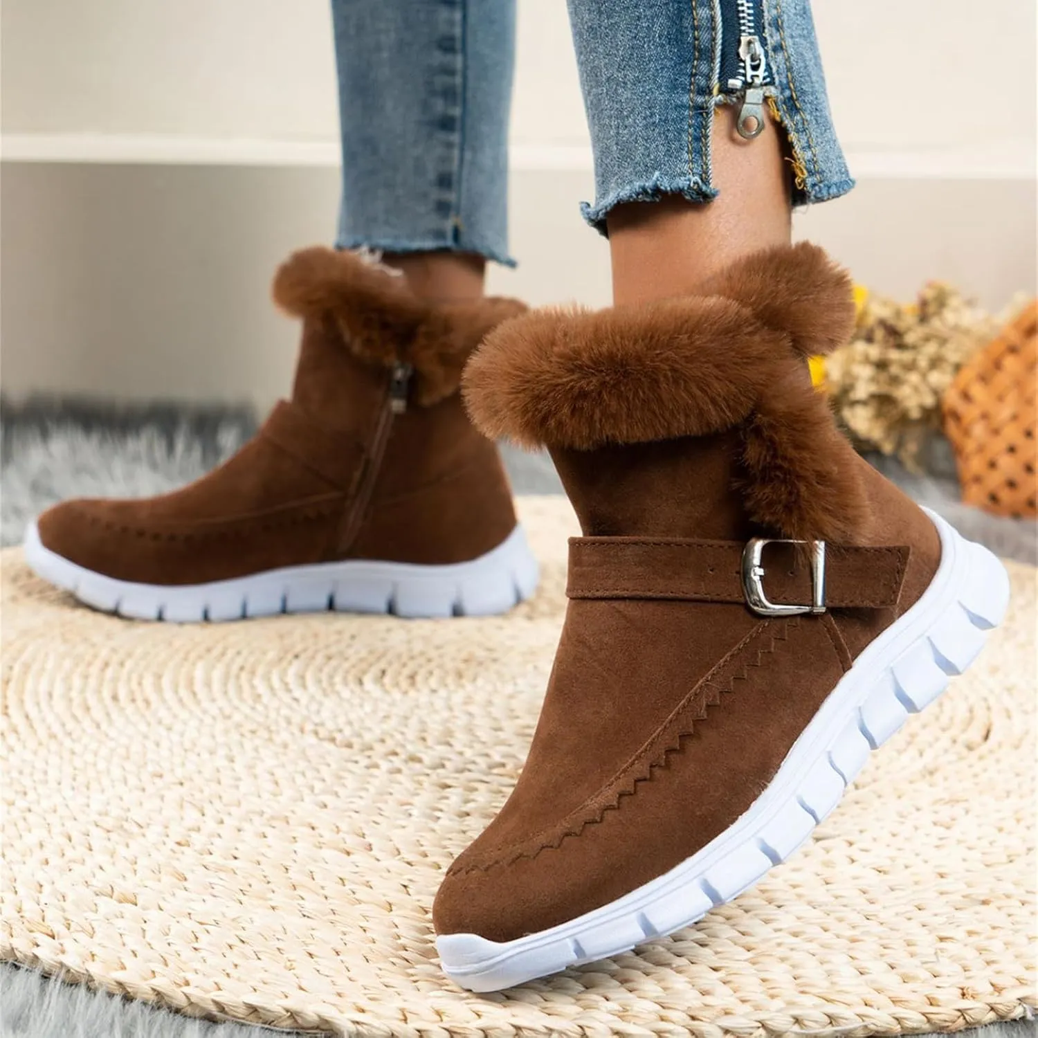 Boots For Women Ankle Booties With Fur Lined Warm Snow Winter Boots Casual Fashion Comfortable Slip On Loafers Shoes