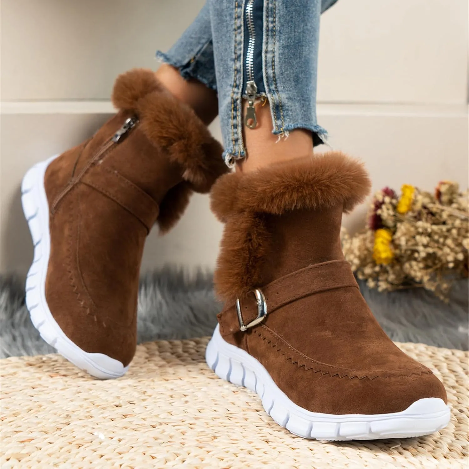 Boots For Women Ankle Booties With Fur Lined Warm Snow Winter Boots Casual Fashion Comfortable Slip On Loafers Shoes