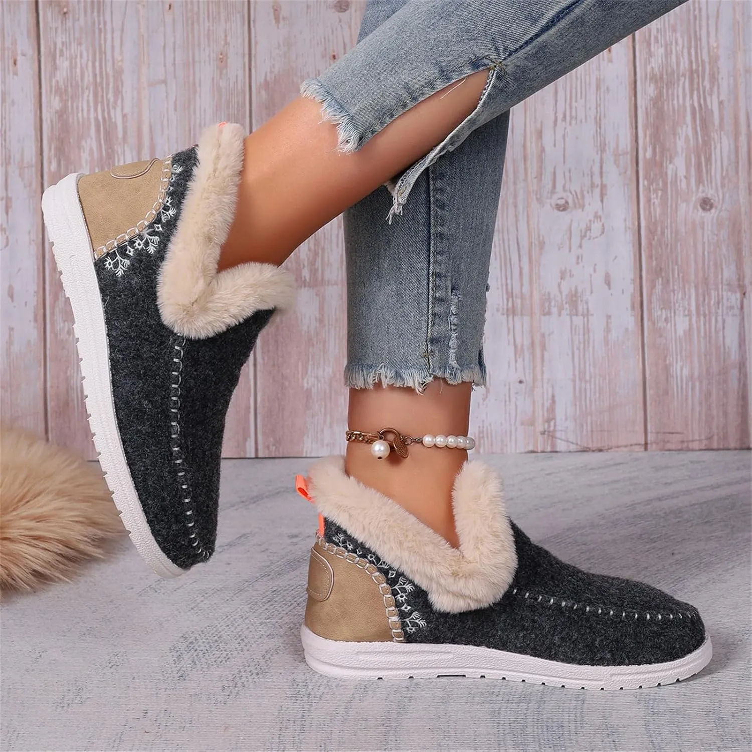 Boots For Women Ankle Booties With Fur Lined Warm Winter Snow Boots Casual Fashion Trendy Comfortable Loafers Shoes