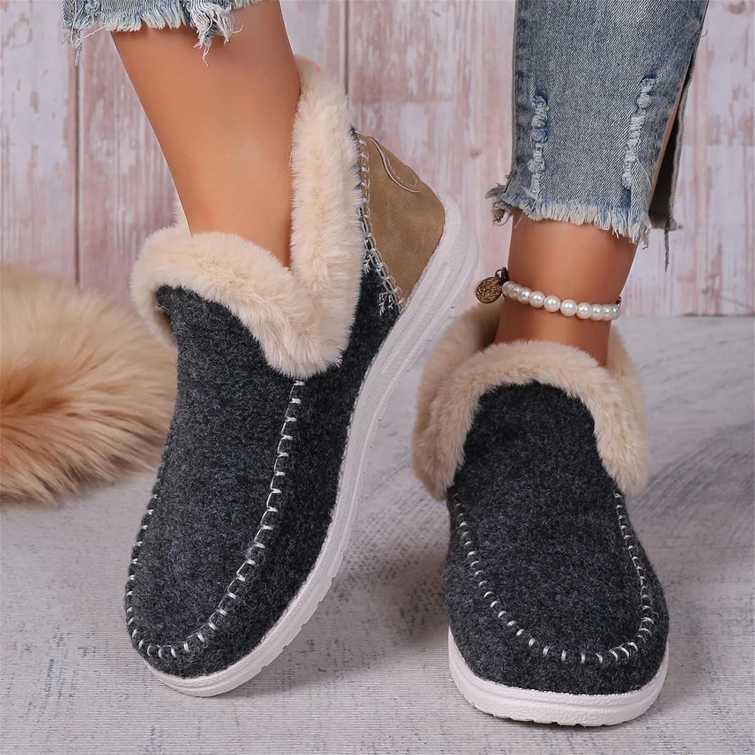 Boots For Women Ankle Booties With Fur Lined Warm Winter Snow Boots Casual Fashion Trendy Comfortable Loafers Shoes
