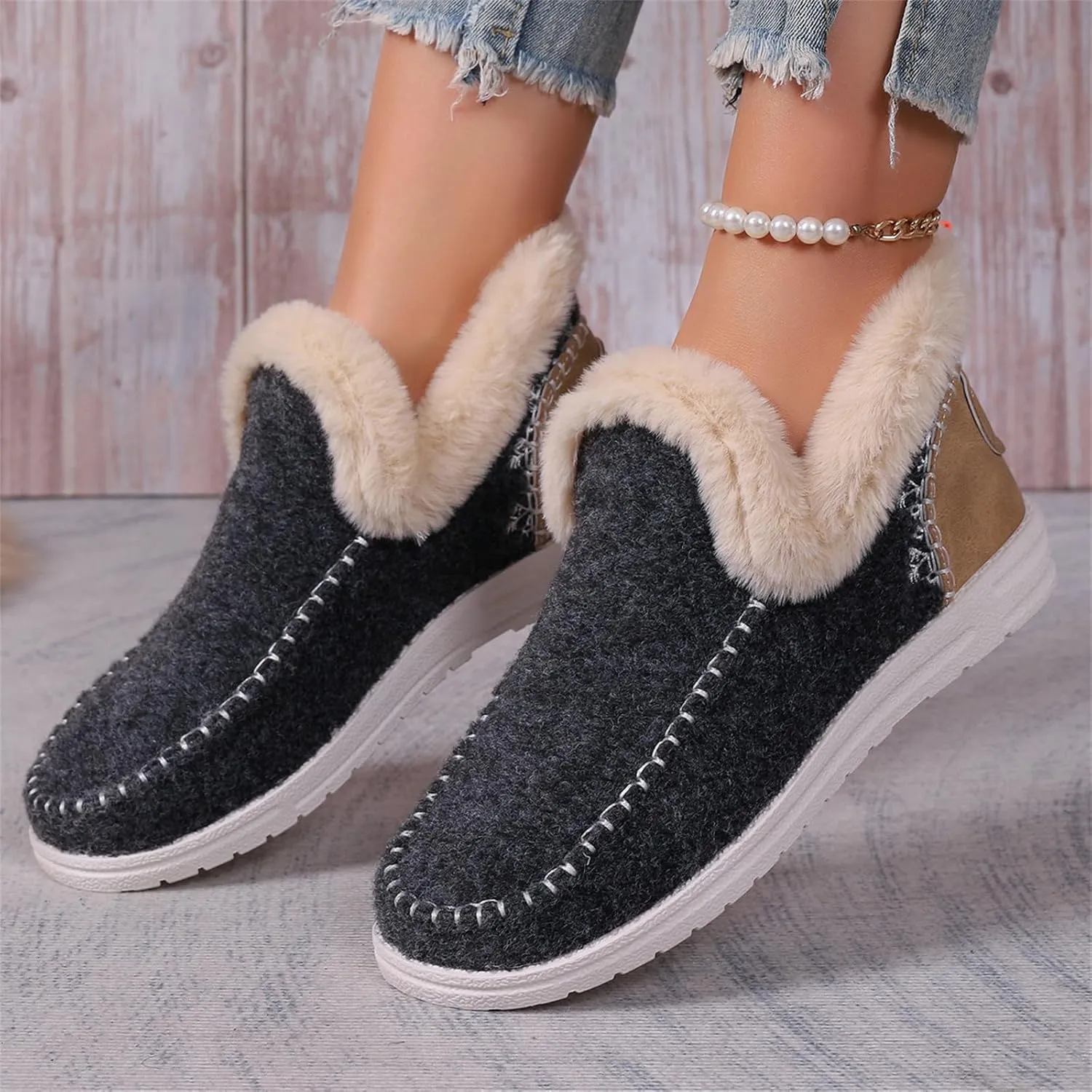 Boots For Women Ankle Booties With Fur Lined Warm Winter Snow Boots Casual Fashion Trendy Comfortable Loafers Shoes
