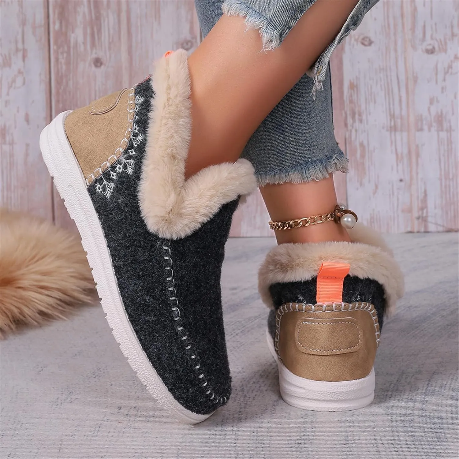 Boots For Women Ankle Booties With Fur Lined Warm Winter Snow Boots Casual Fashion Trendy Comfortable Loafers Shoes