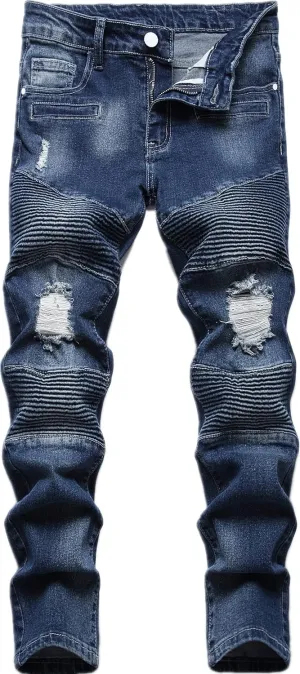 Boy's Biker Skinny Fit Ripped Destroyed Distressed Stretch Stylish Fashion Moto Denim Jeans Pants