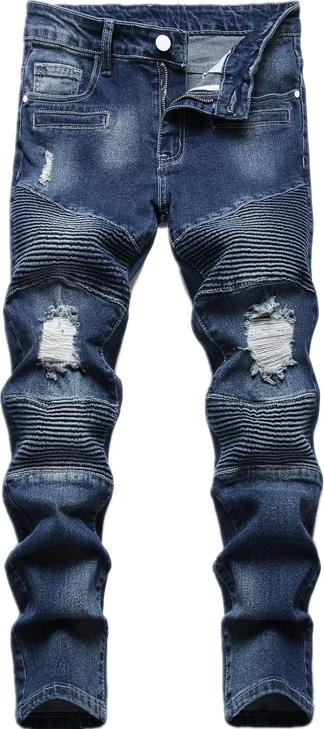 Boy's Biker Skinny Fit Ripped Destroyed Distressed Stretch Stylish Fashion Moto Denim Jeans Pants