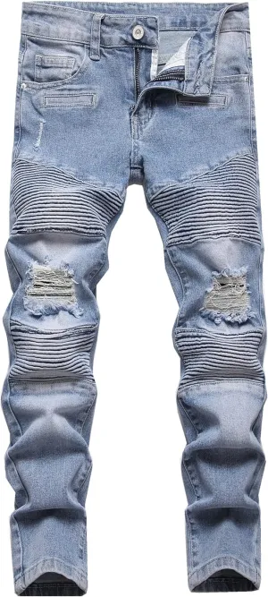 Boy's Biker Skinny Fit Ripped Destroyed Distressed Stretch Stylish Fashion Moto Denim Jeans Pants