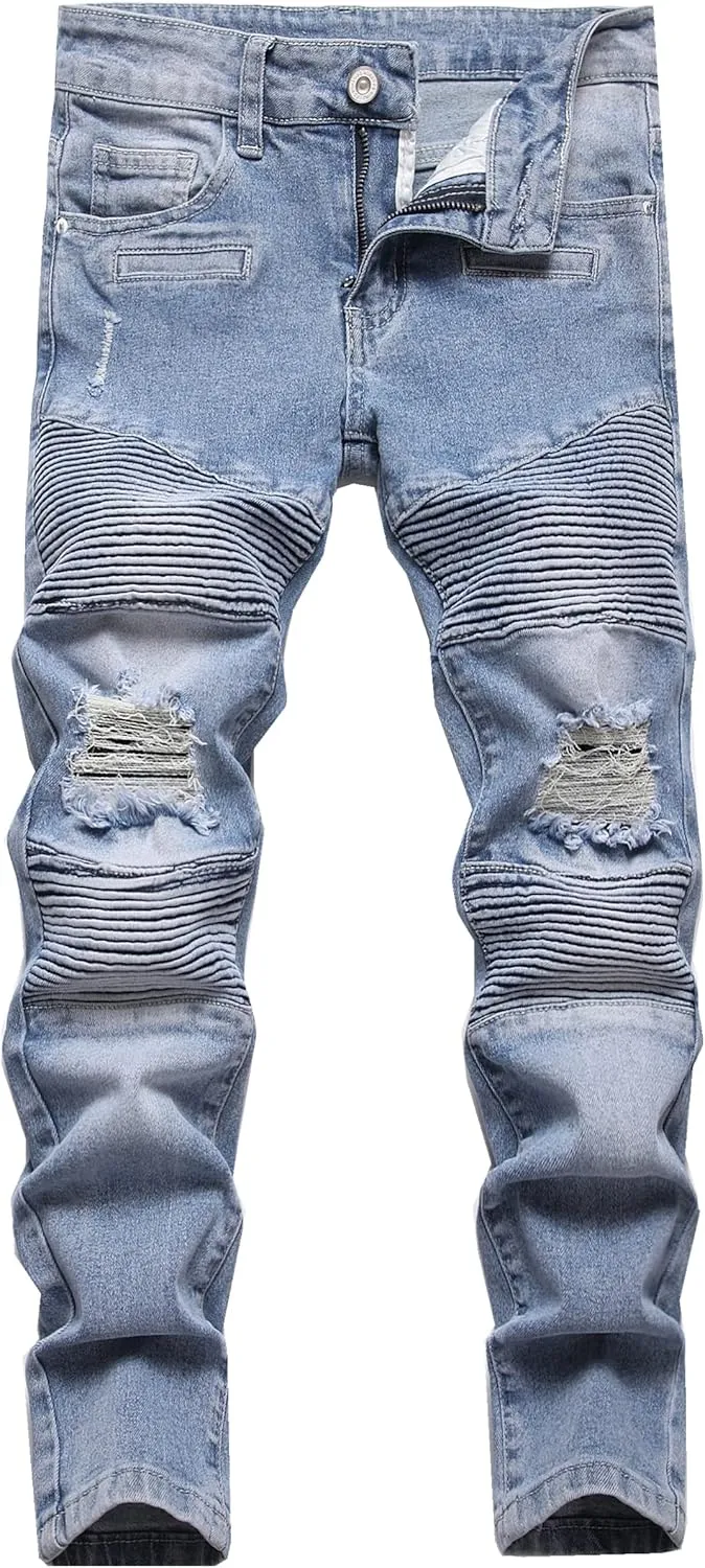 Boy's Biker Skinny Fit Ripped Destroyed Distressed Stretch Stylish Fashion Moto Denim Jeans Pants