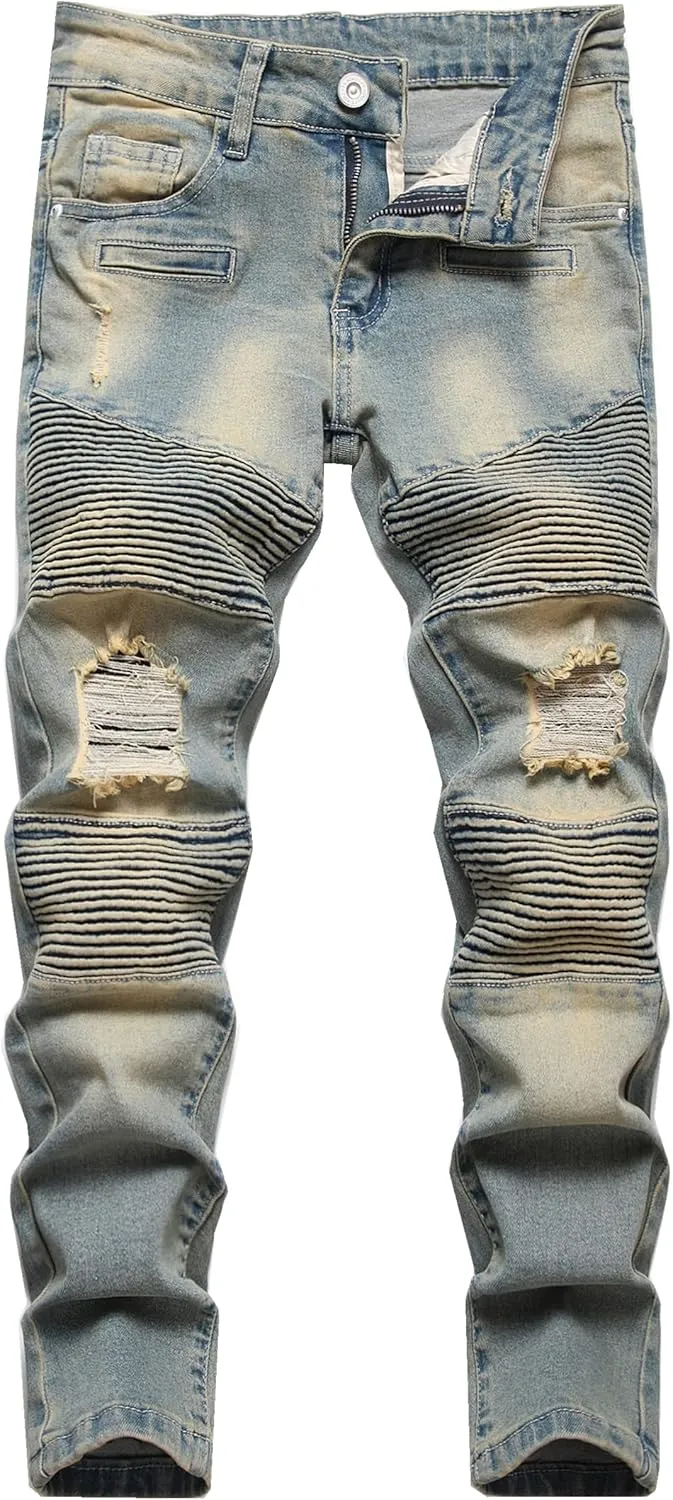 Boy's Biker Skinny Fit Ripped Destroyed Distressed Stretch Stylish Fashion Moto Denim Jeans Pants