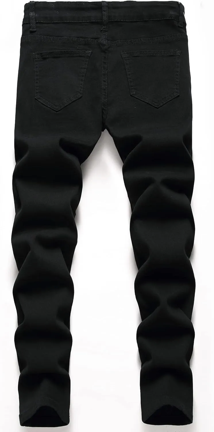 Boy's Stylish Moto Biker Ripped Distressed Skinny Fit Stretch Fashion Denim Jeans