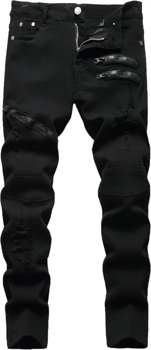 Boy's Stylish Moto Biker Ripped Distressed Skinny Fit Stretch Fashion Denim Jeans