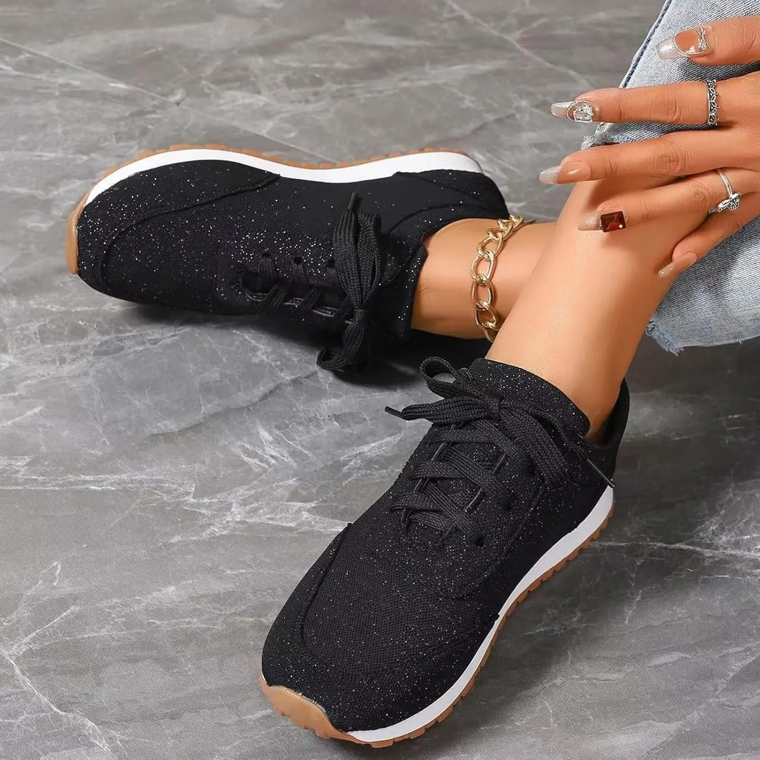 Comfortable Walking Shoes Women Solid Color Lace Up Round Toe Flat Athletic Sneakers Casual Lightweigh Running Shoes