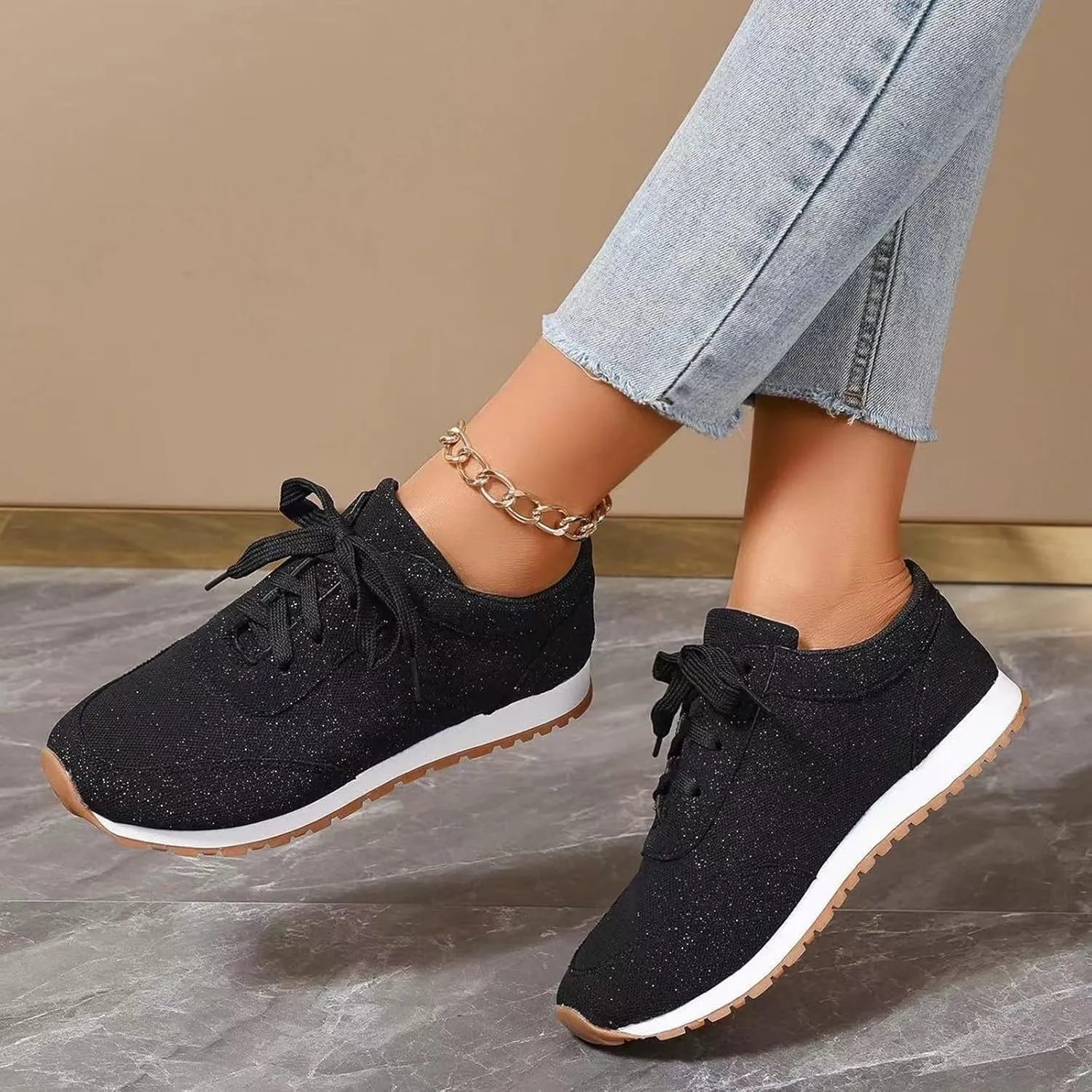 Comfortable Walking Shoes Women Solid Color Lace Up Round Toe Flat Athletic Sneakers Casual Lightweigh Running Shoes
