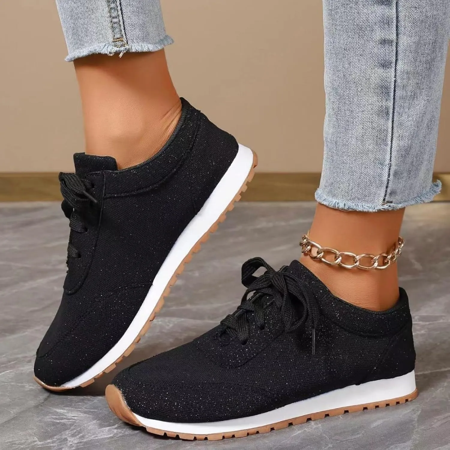Comfortable Walking Shoes Women Solid Color Lace Up Round Toe Flat Athletic Sneakers Casual Lightweigh Running Shoes