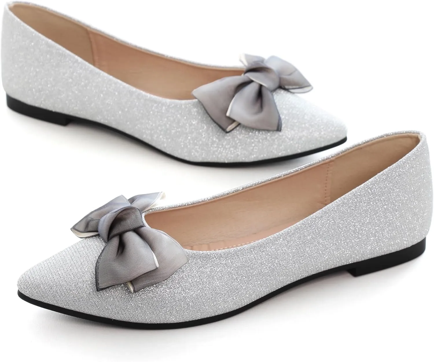 Dear Time Women's Bow Ballets Pointy Toe PU Leather Flats Shoes Slip-ons Casual Comfortable Loafers Walking Shoes for Women
