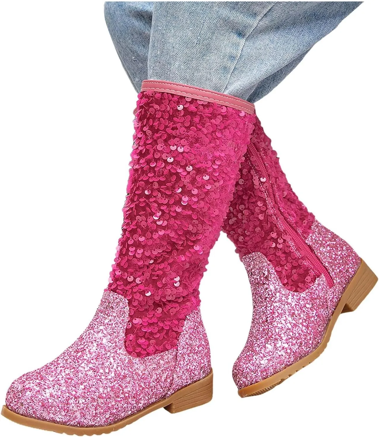 Girls Cowboy Boots Kids Toddler Glitter Western Cowgirl Boots Sequins Trendy Zipper Color Block Sparkly Riding Shoes