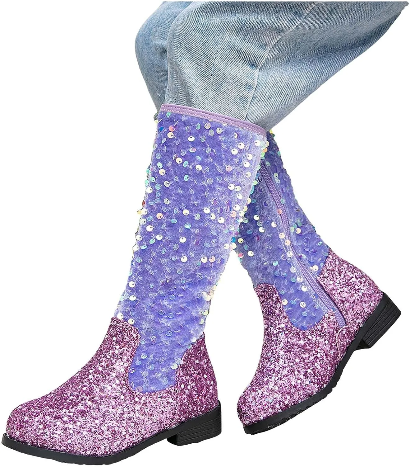 Girls Cowboy Boots Kids Toddler Glitter Western Cowgirl Boots Sequins Trendy Zipper Color Block Sparkly Riding Shoes
