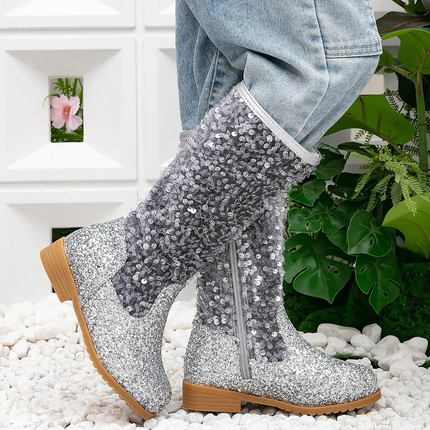 Girls Cowboy Boots Kids Toddler Glitter Western Cowgirl Boots Sequins Trendy Zipper Color Block Sparkly Riding Shoes