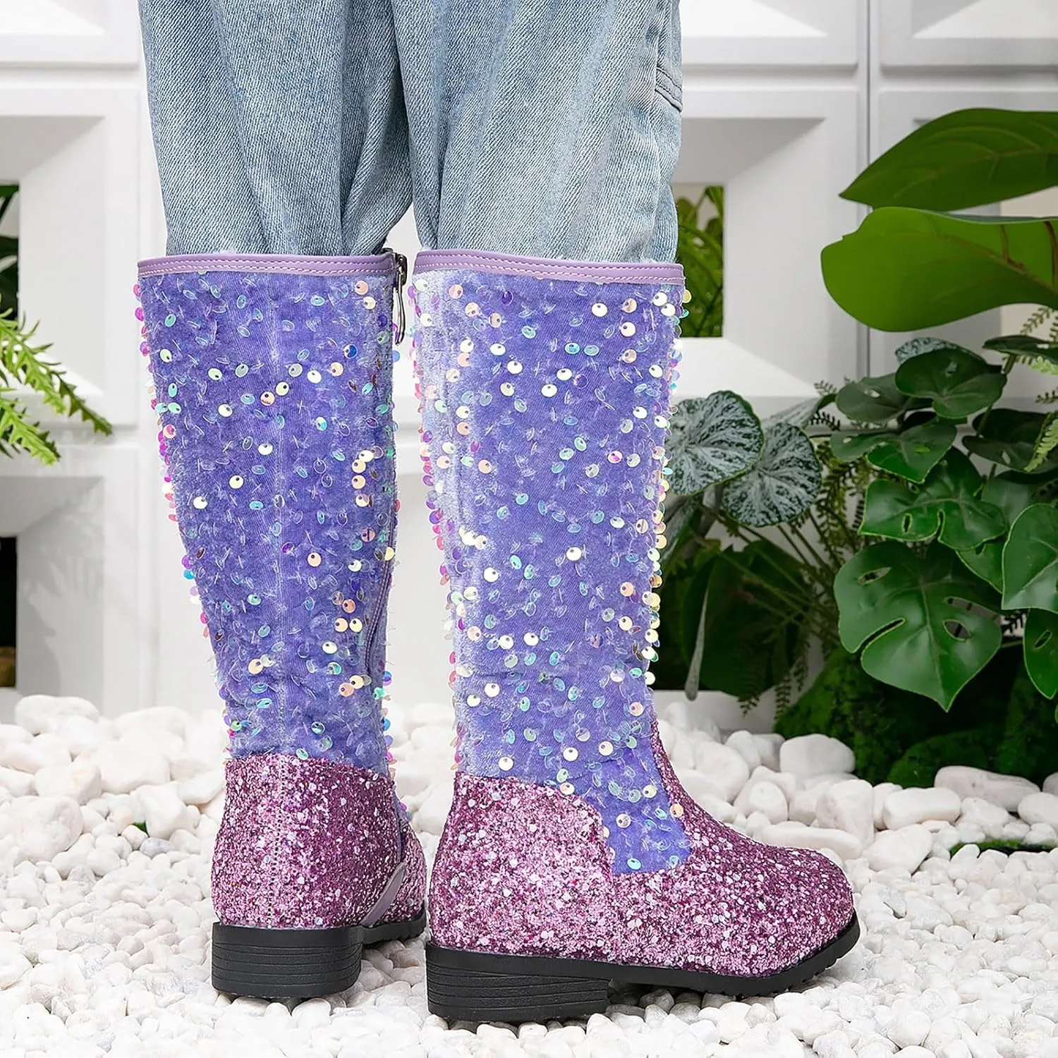 Girls Cowboy Boots Kids Toddler Glitter Western Cowgirl Boots Sequins Trendy Zipper Color Block Sparkly Riding Shoes