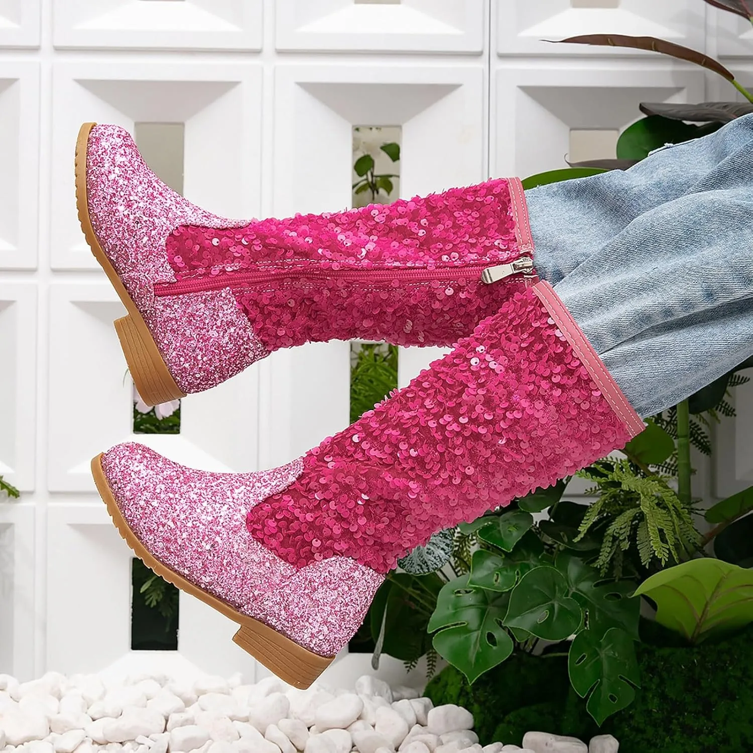 Girls Cowboy Boots Kids Toddler Glitter Western Cowgirl Boots Sequins Trendy Zipper Color Block Sparkly Riding Shoes
