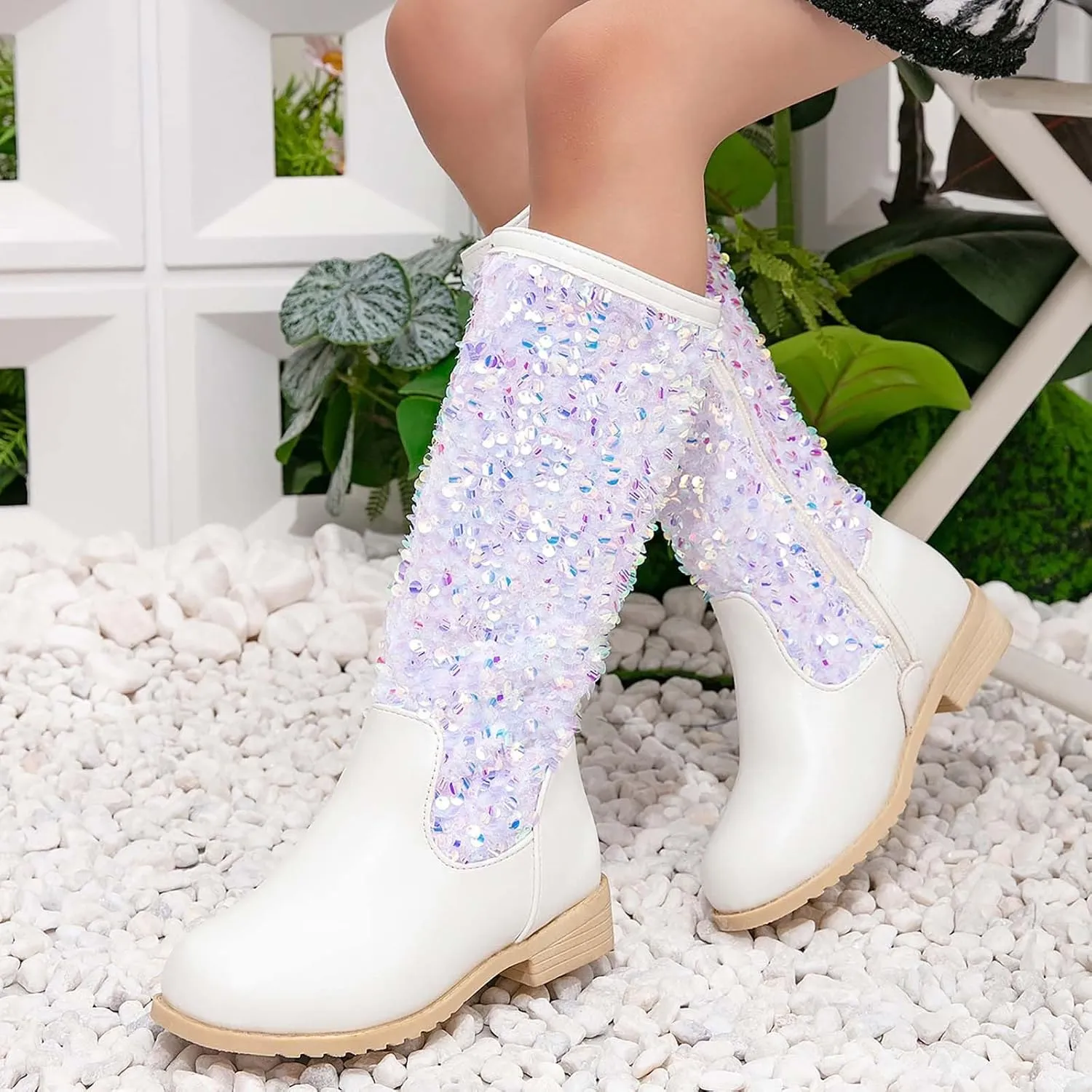 Girls Cowboy Boots Kids Toddler Glitter Western Cowgirl Boots Sequins Trendy Zipper Color Block Sparkly Riding Shoes