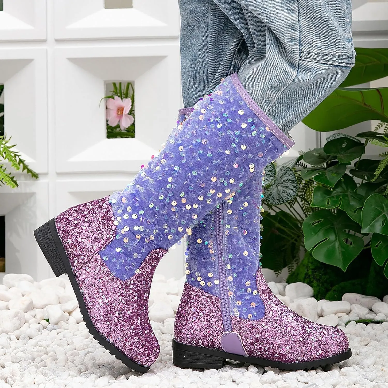 Girls Cowboy Boots Kids Toddler Glitter Western Cowgirl Boots Sequins Trendy Zipper Color Block Sparkly Riding Shoes