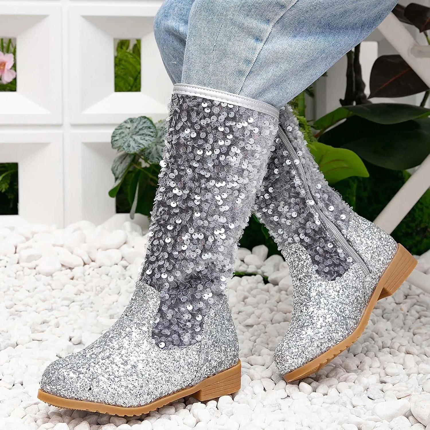 Girls Cowboy Boots Kids Toddler Glitter Western Cowgirl Boots Sequins Trendy Zipper Color Block Sparkly Riding Shoes
