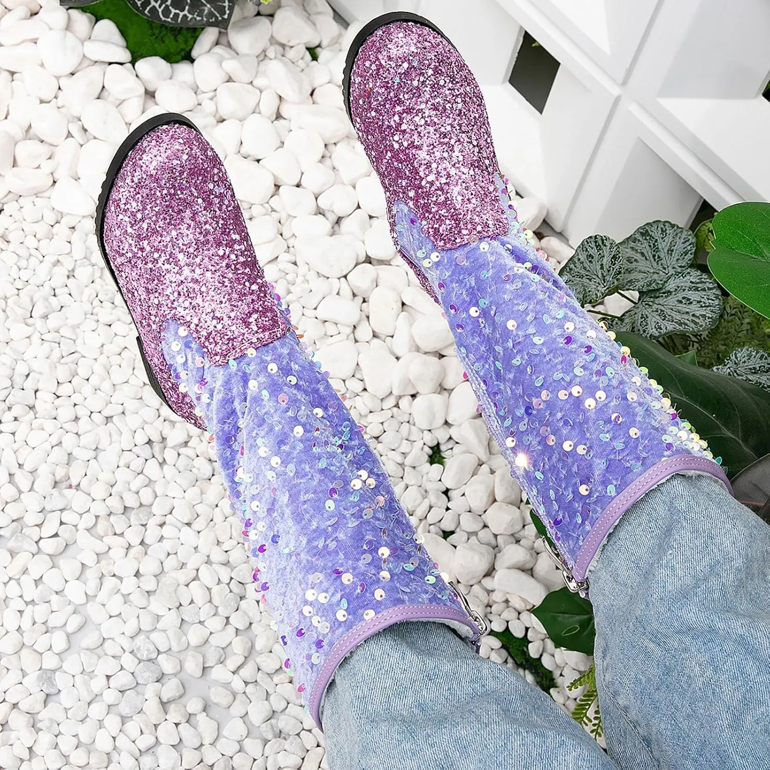 Girls Cowboy Boots Kids Toddler Glitter Western Cowgirl Boots Sequins Trendy Zipper Color Block Sparkly Riding Shoes