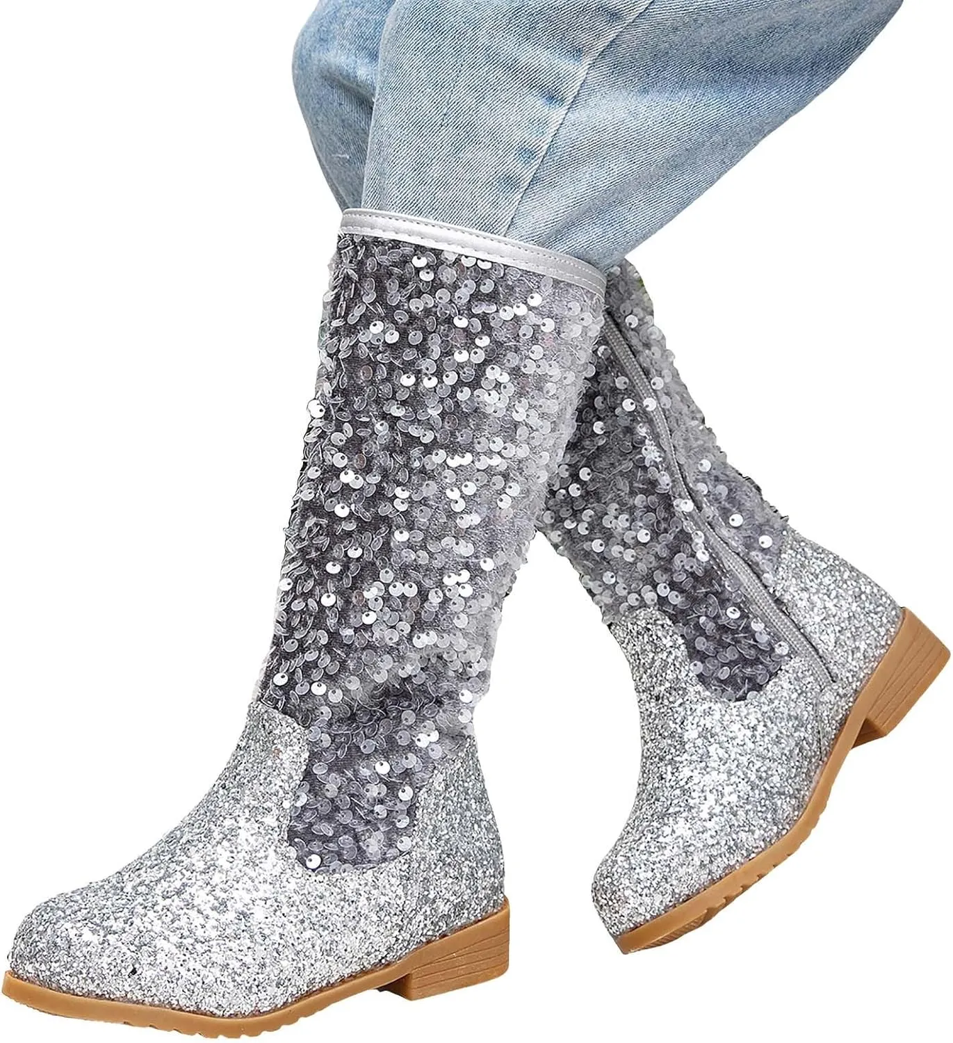 Girls Cowboy Boots Kids Toddler Glitter Western Cowgirl Boots Sequins Trendy Zipper Color Block Sparkly Riding Shoes