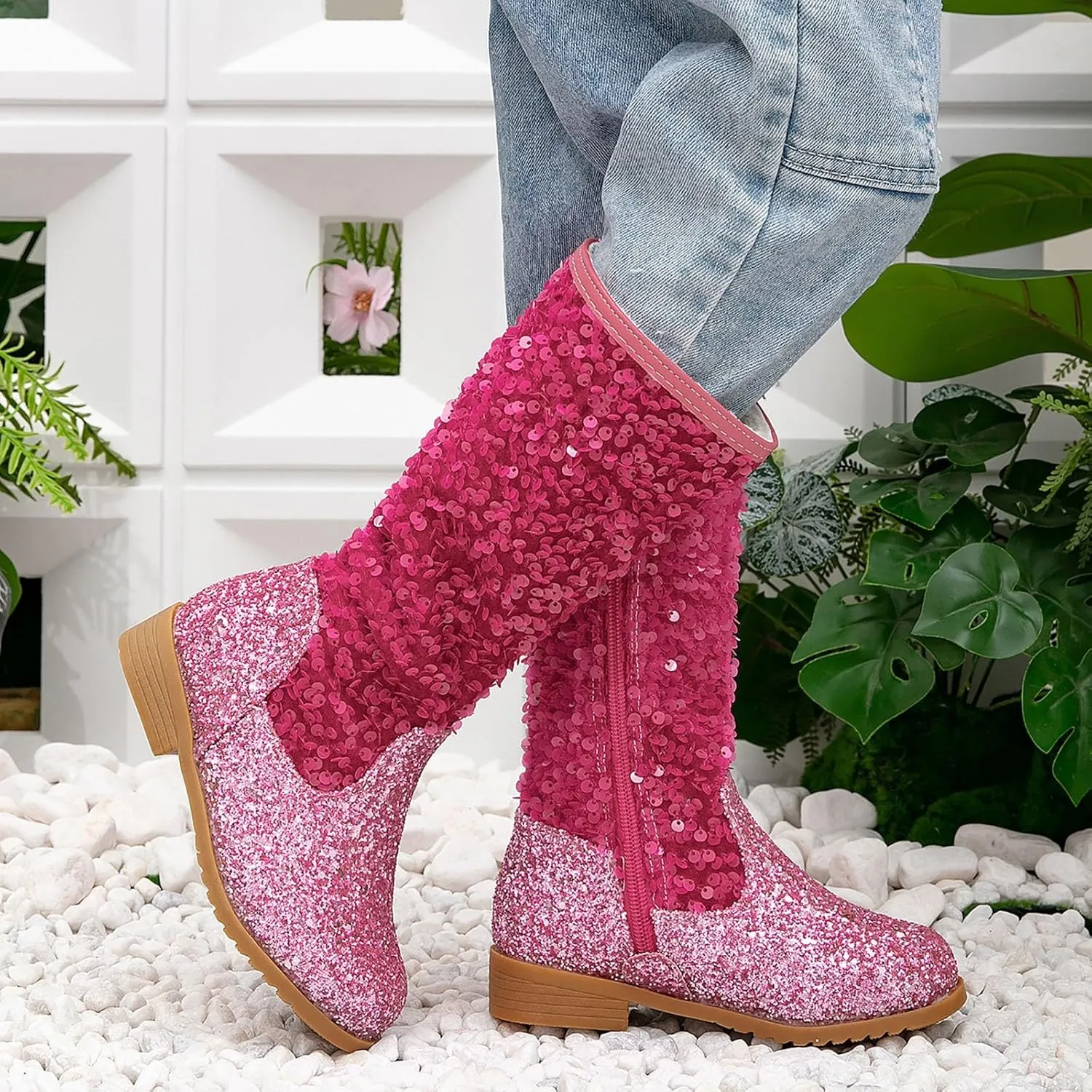 Girls Cowboy Boots Kids Toddler Glitter Western Cowgirl Boots Sequins Trendy Zipper Color Block Sparkly Riding Shoes