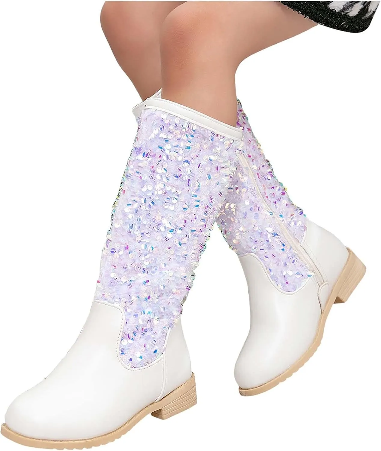 Girls Cowboy Boots Kids Toddler Glitter Western Cowgirl Boots Sequins Trendy Zipper Color Block Sparkly Riding Shoes