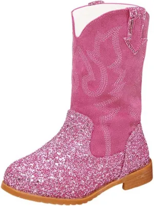 Girls Cowboy Boots Kids Toddler Glitter Western Cowgirl Boots Trendy Mid Calf Zipper Color Block Sparkly Riding Shoes
