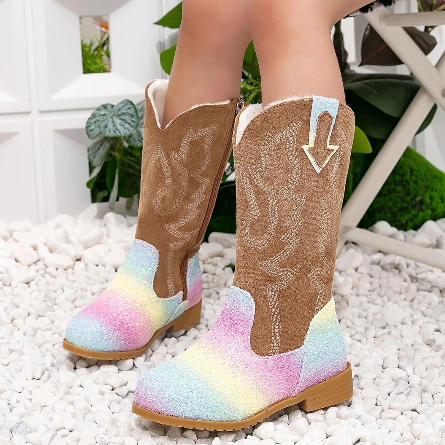 Girls Cowboy Boots Kids Toddler Glitter Western Cowgirl Boots Trendy Mid Calf Zipper Color Block Sparkly Riding Shoes