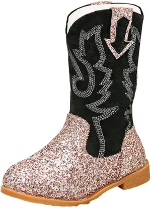 Girls Cowboy Boots Kids Toddler Glitter Western Cowgirl Boots Trendy Mid Calf Zipper Color Block Sparkly Riding Shoes