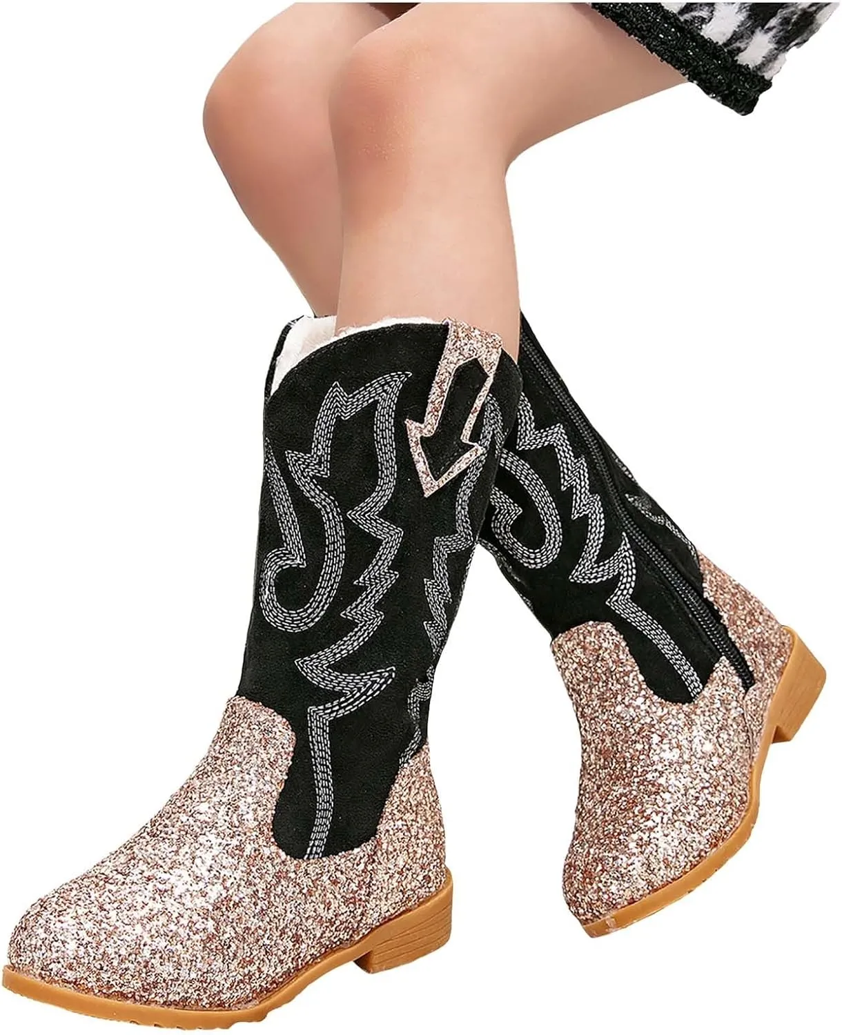 Girls Cowboy Boots Kids Toddler Glitter Western Cowgirl Boots Trendy Mid Calf Zipper Color Block Sparkly Riding Shoes