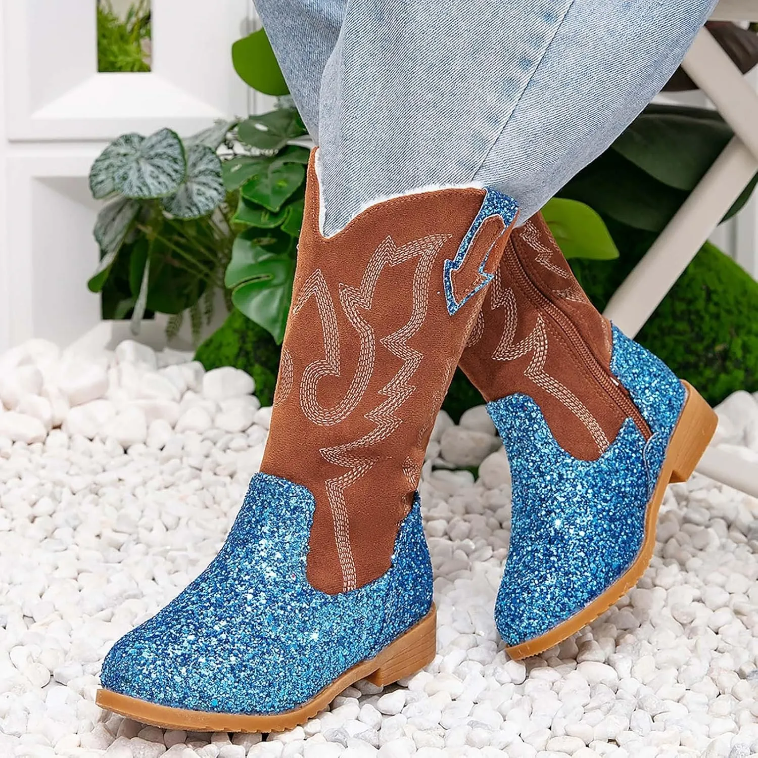 Girls Cowboy Boots Kids Toddler Glitter Western Cowgirl Boots Trendy Mid Calf Zipper Color Block Sparkly Riding Shoes