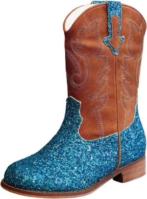 Girls Cowboy Boots Kids Toddler Glitter Western Cowgirl Boots Trendy Mid Calf Zipper Color Block Sparkly Riding Shoes