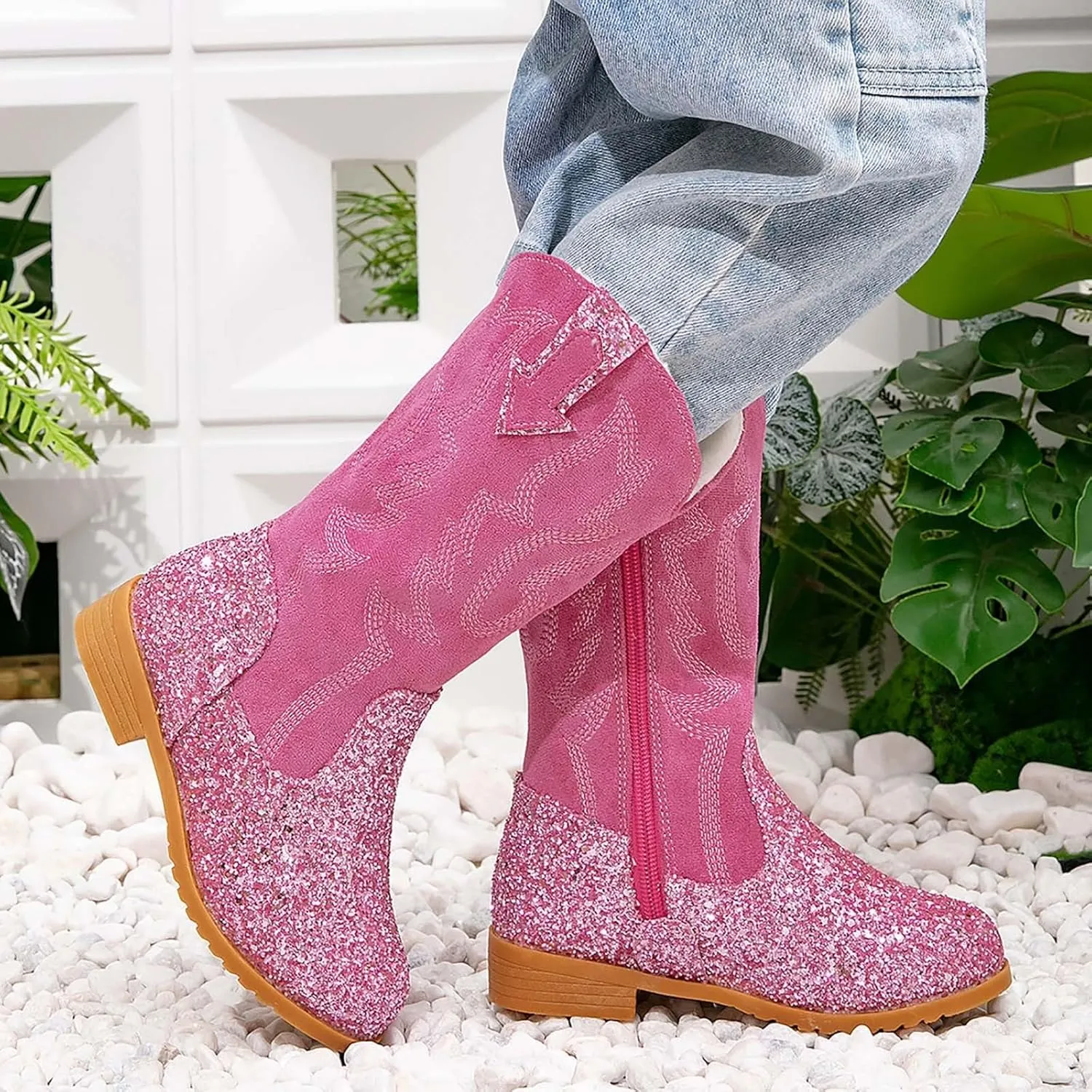 Girls Cowboy Boots Kids Toddler Glitter Western Cowgirl Boots Trendy Mid Calf Zipper Color Block Sparkly Riding Shoes