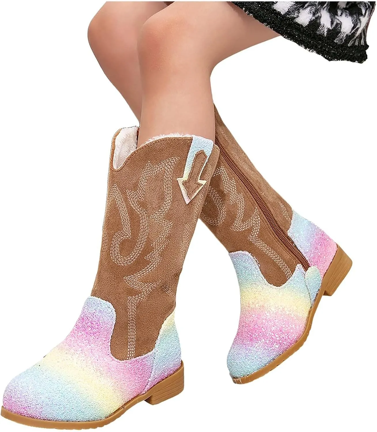 Girls Cowboy Boots Kids Toddler Glitter Western Cowgirl Boots Trendy Mid Calf Zipper Color Block Sparkly Riding Shoes