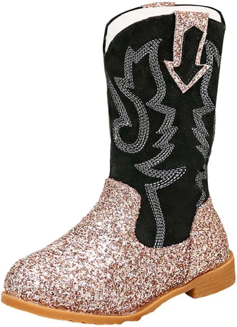 Girls Cowboy Boots Kids Toddler Glitter Western Cowgirl Boots Trendy Mid Calf Zipper Color Block Sparkly Riding Shoes