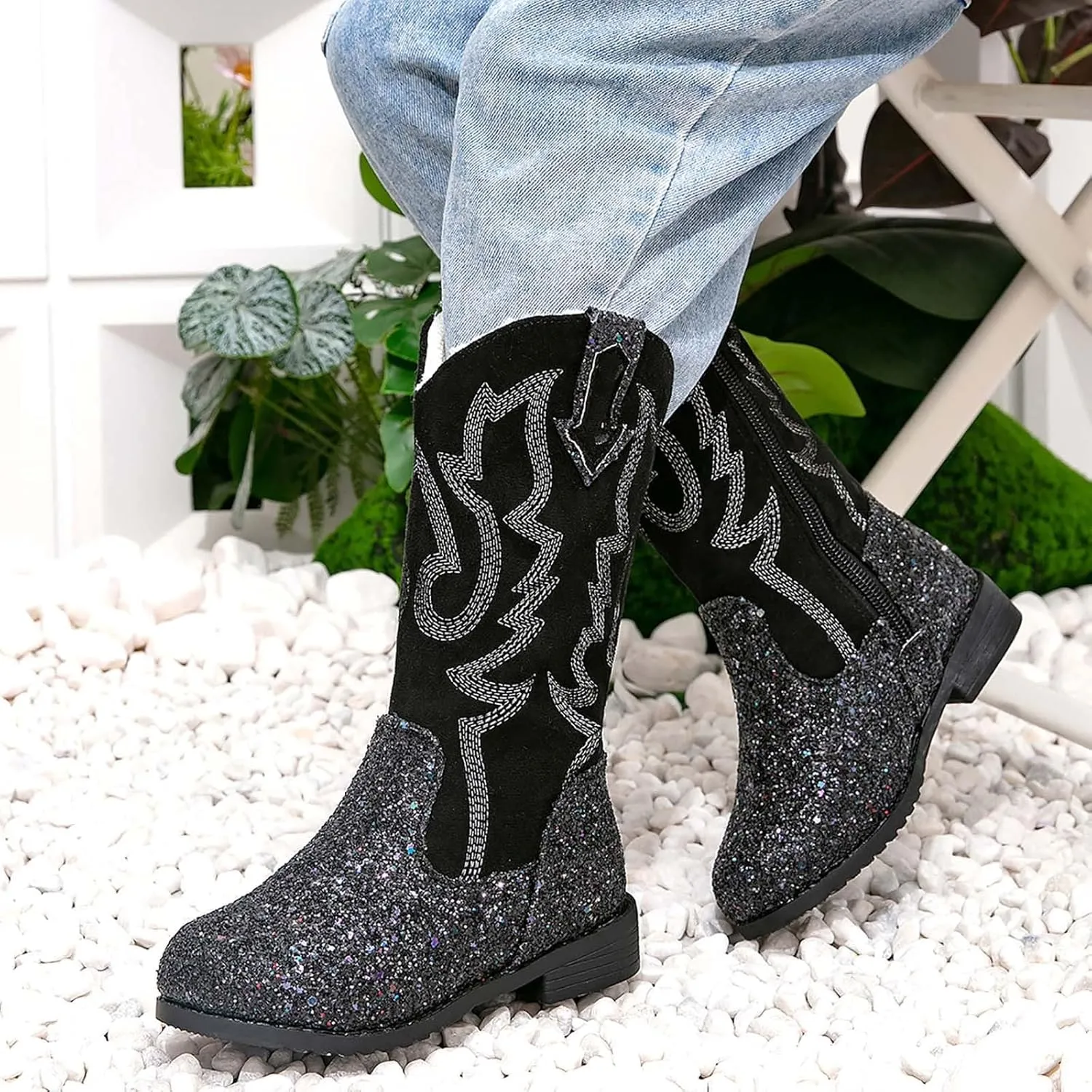 Girls Cowboy Boots Kids Toddler Glitter Western Cowgirl Boots Trendy Mid Calf Zipper Color Block Sparkly Riding Shoes