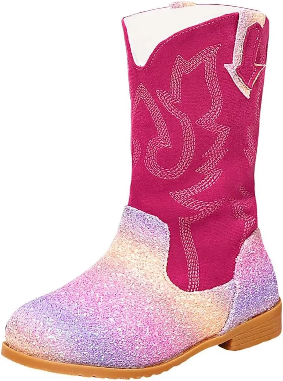 Girls Cowboy Boots Kids Toddler Glitter Western Cowgirl Boots Trendy Mid Calf Zipper Color Block Sparkly Riding Shoes