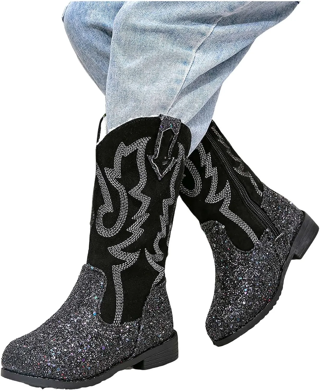 Girls Cowboy Boots Kids Toddler Glitter Western Cowgirl Boots Trendy Mid Calf Zipper Color Block Sparkly Riding Shoes