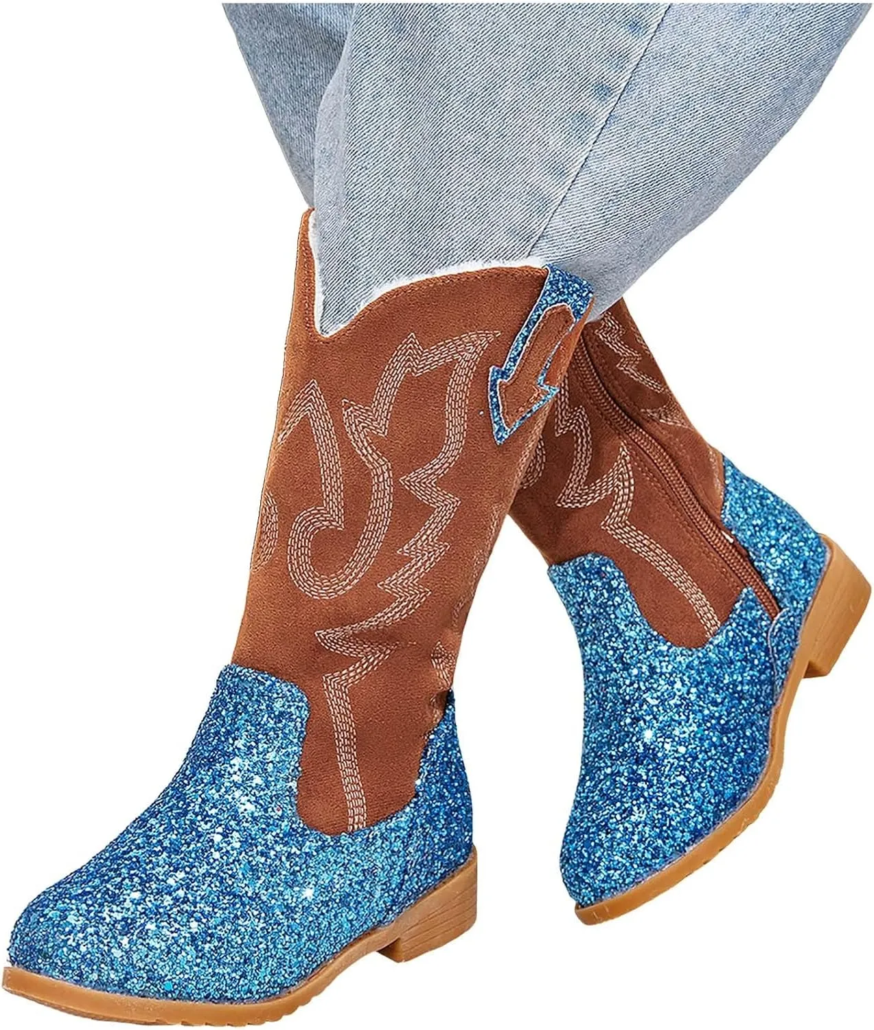 Girls Cowboy Boots Kids Toddler Glitter Western Cowgirl Boots Trendy Mid Calf Zipper Color Block Sparkly Riding Shoes