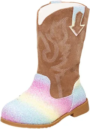 Girls Cowboy Boots Kids Toddler Glitter Western Cowgirl Boots Trendy Mid Calf Zipper Color Block Sparkly Riding Shoes