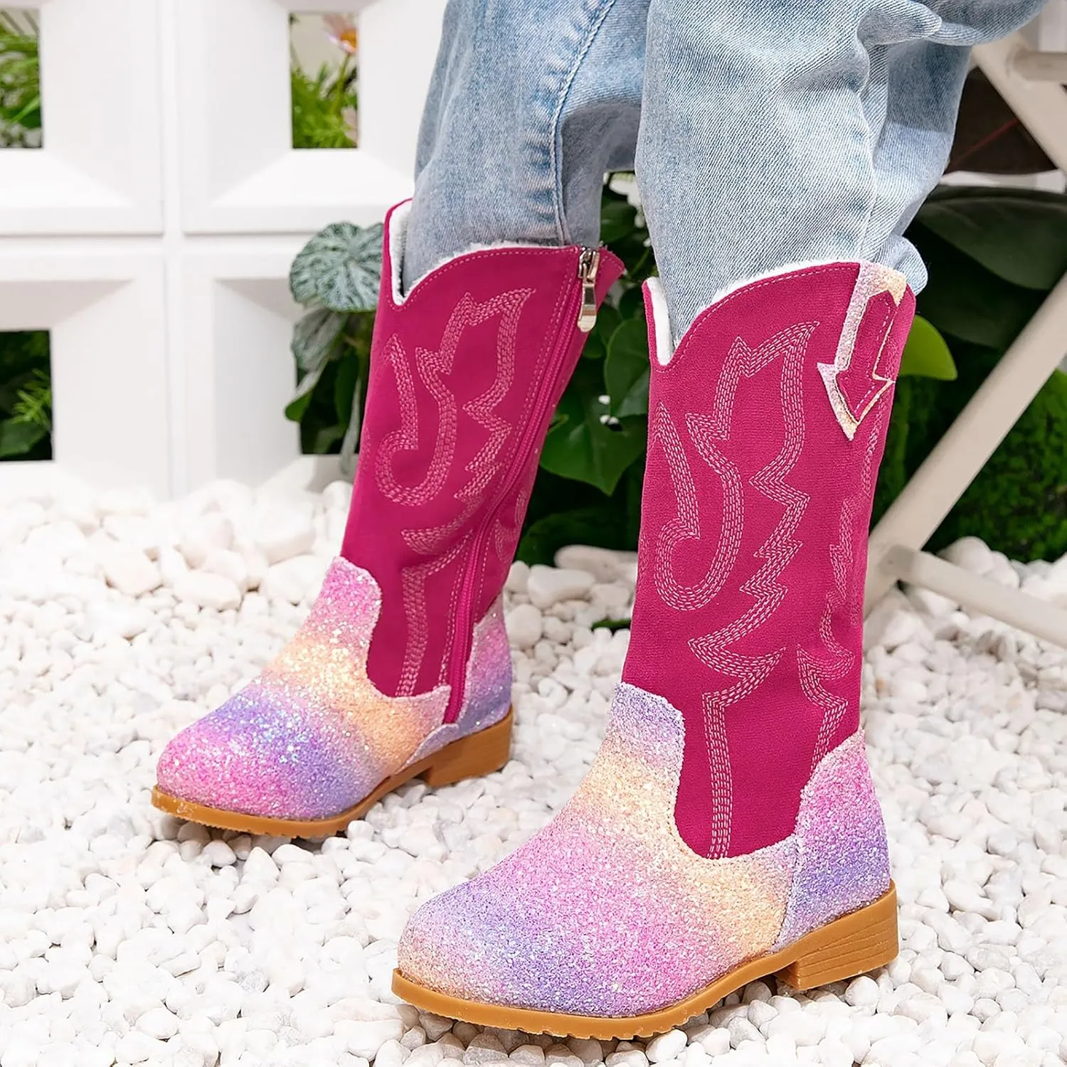 Girls Cowboy Boots Kids Toddler Glitter Western Cowgirl Boots Trendy Mid Calf Zipper Color Block Sparkly Riding Shoes